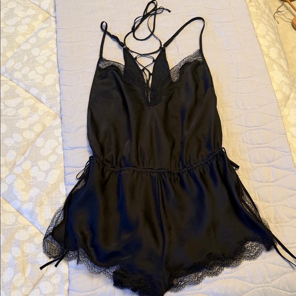 Victoria's Secret Black Lace-Trim Satin Romper